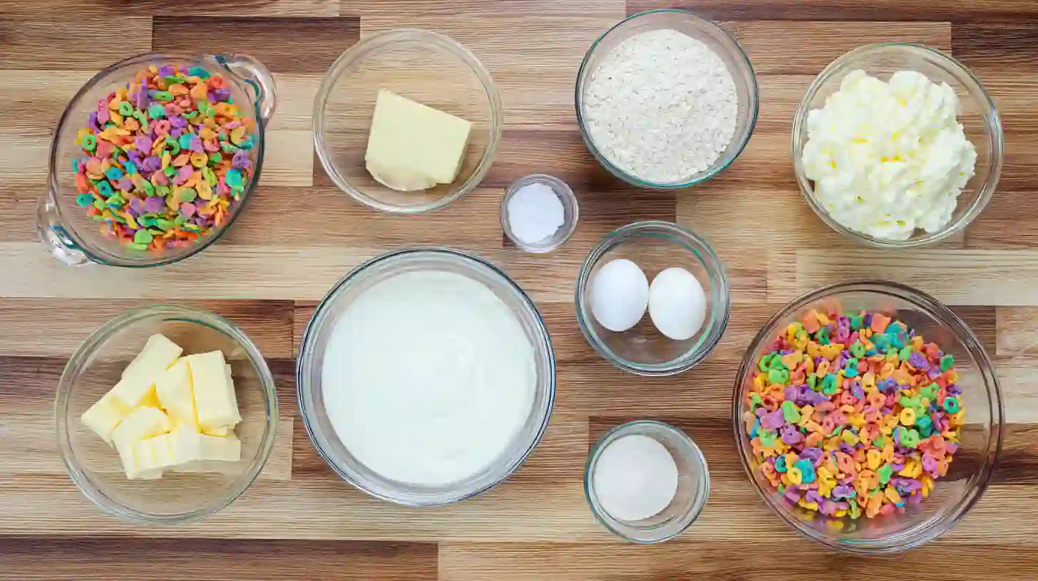 fruity-pebbles-cookie-cheesecake-bars-ingredients Ingredients for Fruity Pebbles Cookie Cheesecake Bars arranged on counter