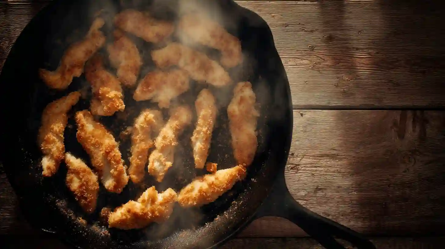 fry-crispy-garlic-chicken-burrito Frying crispy garlic chicken for parmesan burrito recipe in a skillet