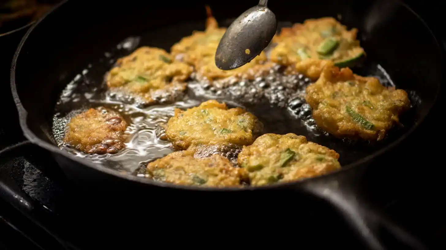 frying-okra-green-tomato-fritters-cast-iron. Fritter batter frying in cast iron skillet