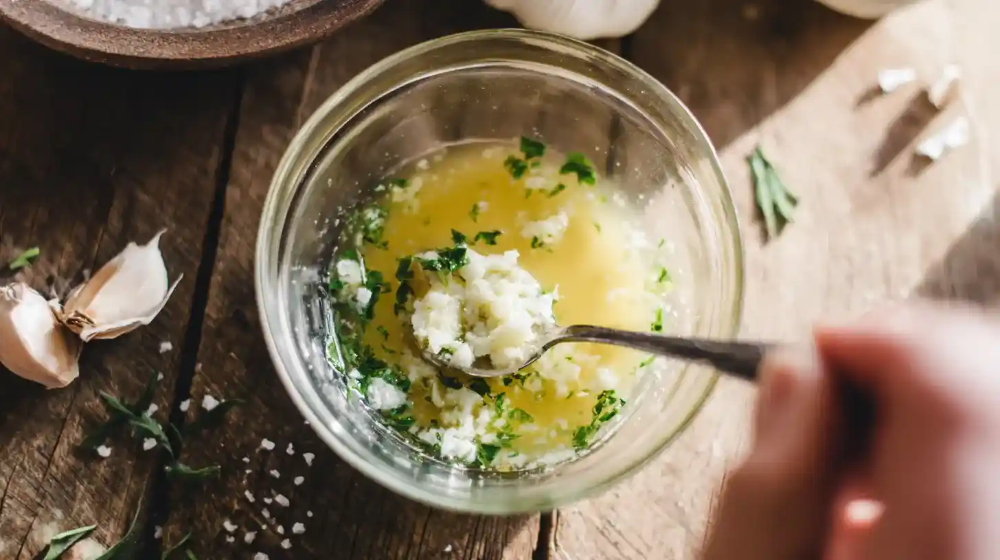 garlic-butter-mixture-in-small-bowl mixing garlic, parsley, and seasoning into melted butter in a bowl