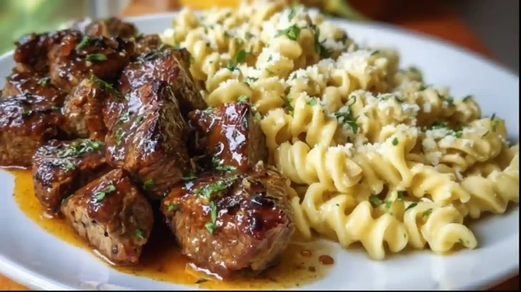 Garlic Butter Steak Bites and Creamy Alfredo Pasta on a white plate with Parmesan and herbs.restaurant-quality dinner at home