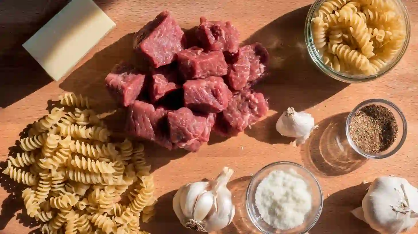 garlic-butter-steak-bites-and-Creamy-alfredo-Pasta-ingredients Ingredients for Garlic Butter Steak Bites and Creamy Alfredo Pasta laid out on a rustic counter.family-style creamy pasta dinners
