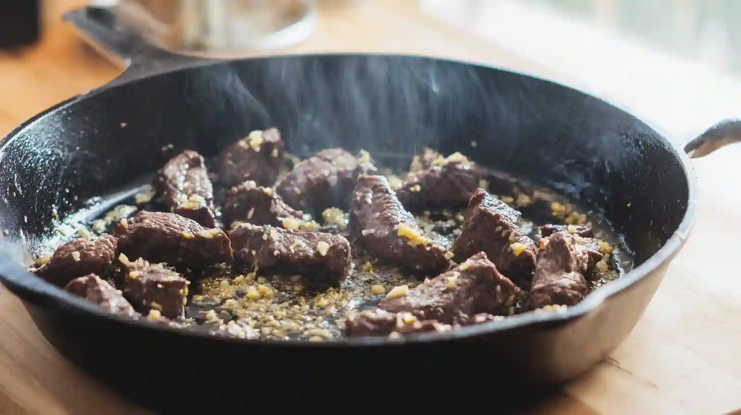 garlic-butter-steak-bites-dinner-recipe Garlic butter melting into steak bites for a rich low-effort luxury dinner recipe