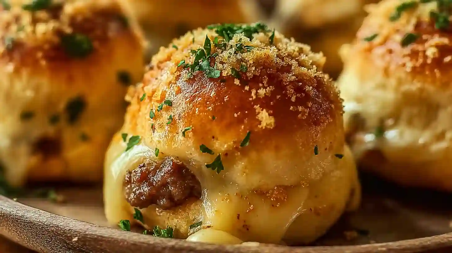 Close-up of Garlic Parmesan Cheeseburger Bombs with melted cheese and toasted parmesan topping on biscuit dough