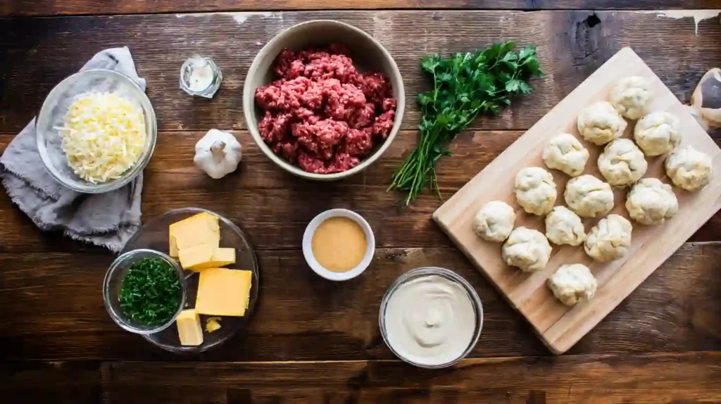 Top-down view of ingredients for Garlic Parmesan Cheeseburger Bombs including ground beef, garlic, diced parmesan, cubed cheddar, biscuit dough, butter, parsley, and sauces