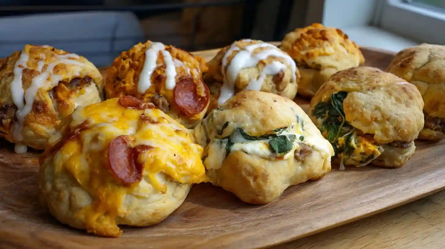 Garlic Parmesan Cheeseburger Bombs variations including pizza bombs, buffalo chicken bombs, veggie mushroom bombs, breakfast bombs, and classic cheeseburger bombs – easy dinner recipes with ground beef.