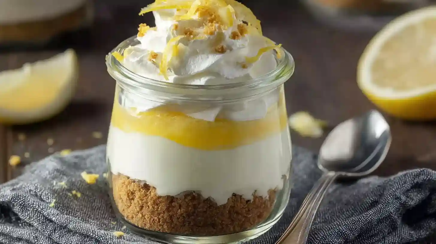 garnish-chill-No-Bake-lemon-cheesecake-parfait Garnished No Bake Lemon Cheesecake Parfait topped with whipped cream and lemon
