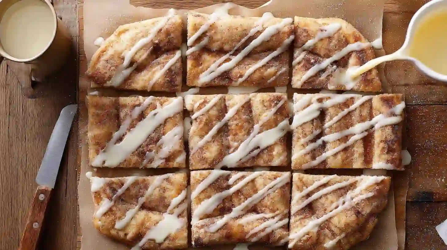 glazed-crescent-sugar-pizza-sliced Drizzling glaze over Cinnamon-Sugar Pizza made with Crescent and slicing into warm squares—easy crescent roll dessert recipe for families and 30-minute sweet snacks.30-minute sweet recipe