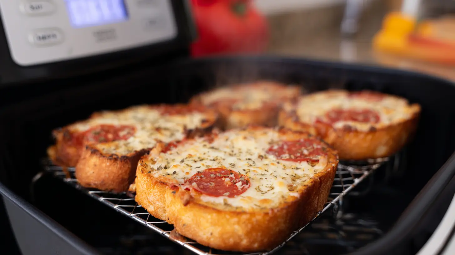 golden-bubbly-texas-toast-pizza-400f Texas toast pizza cooking at 400°F with bubbly golden cheese