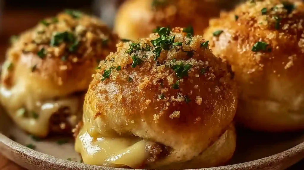 Golden garlic cheeseburger bombs brushed with butter and parsley for easy family dinner recipes and savory appetizer ideas