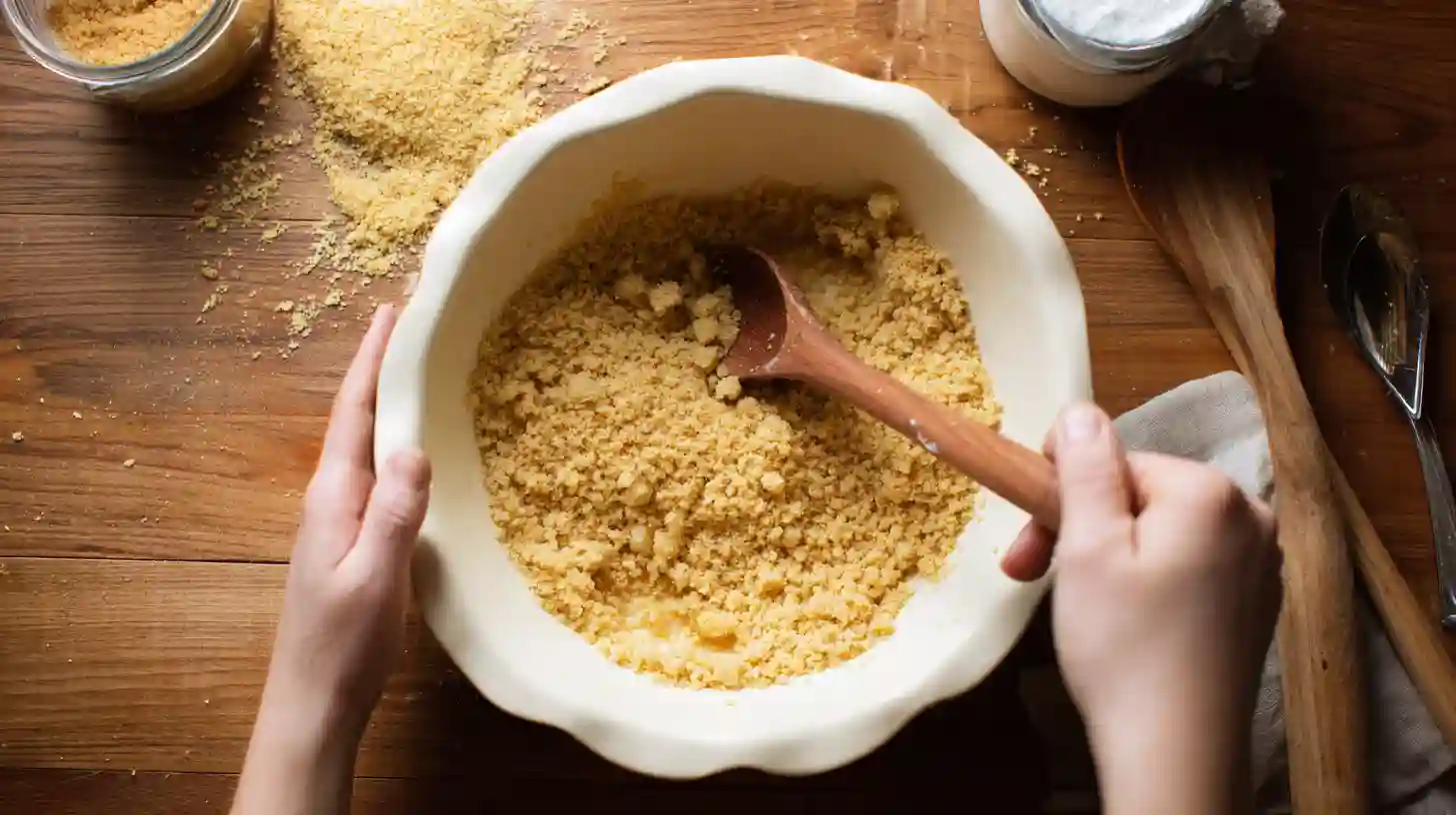 graham-crust-prep-lemonade-pie Mixing graham cracker crumbs, sugar, and butter for pie crust