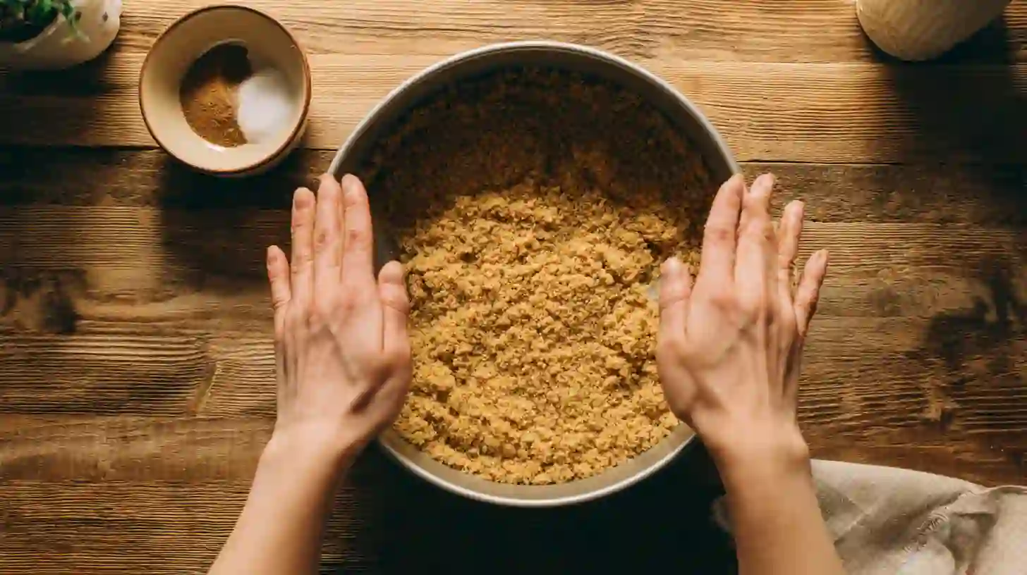 graham-crust-pressing-cinnamon-roll-honeybun-cheesecake Pressing graham cracker crust with cinnamon into springform pan for easy cinnamon roll honeybun cheesecake