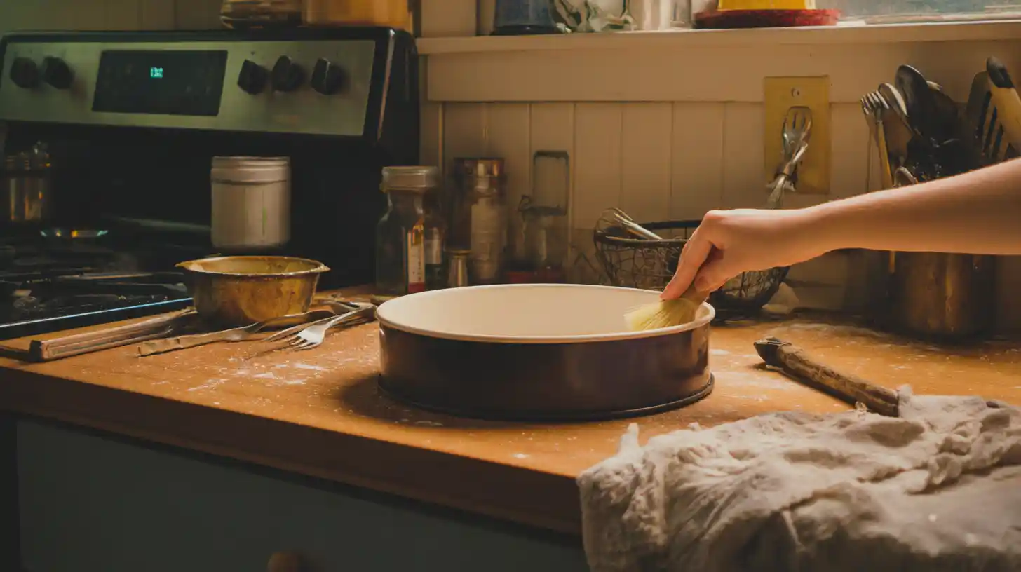 greasing-pan-easy-gluten-free-cake Greasing 8-inch pan with coconut oil for easy gluten-free cake and healthy baking for kids