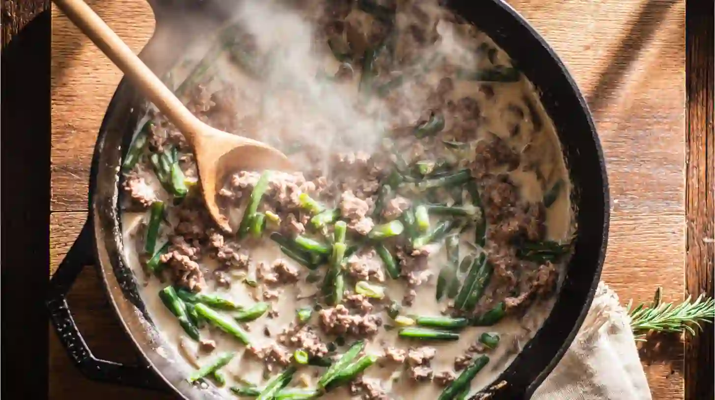 green-beans-mushroom-soup-pantry-casserole stirring green beans and mushroom soup into easy pantry meal