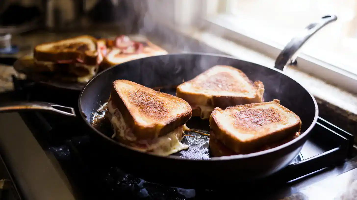 grilling-pizza-grilled-cheese-skillet Grilling pizza grilled cheese sandwiches in a skillet until golden