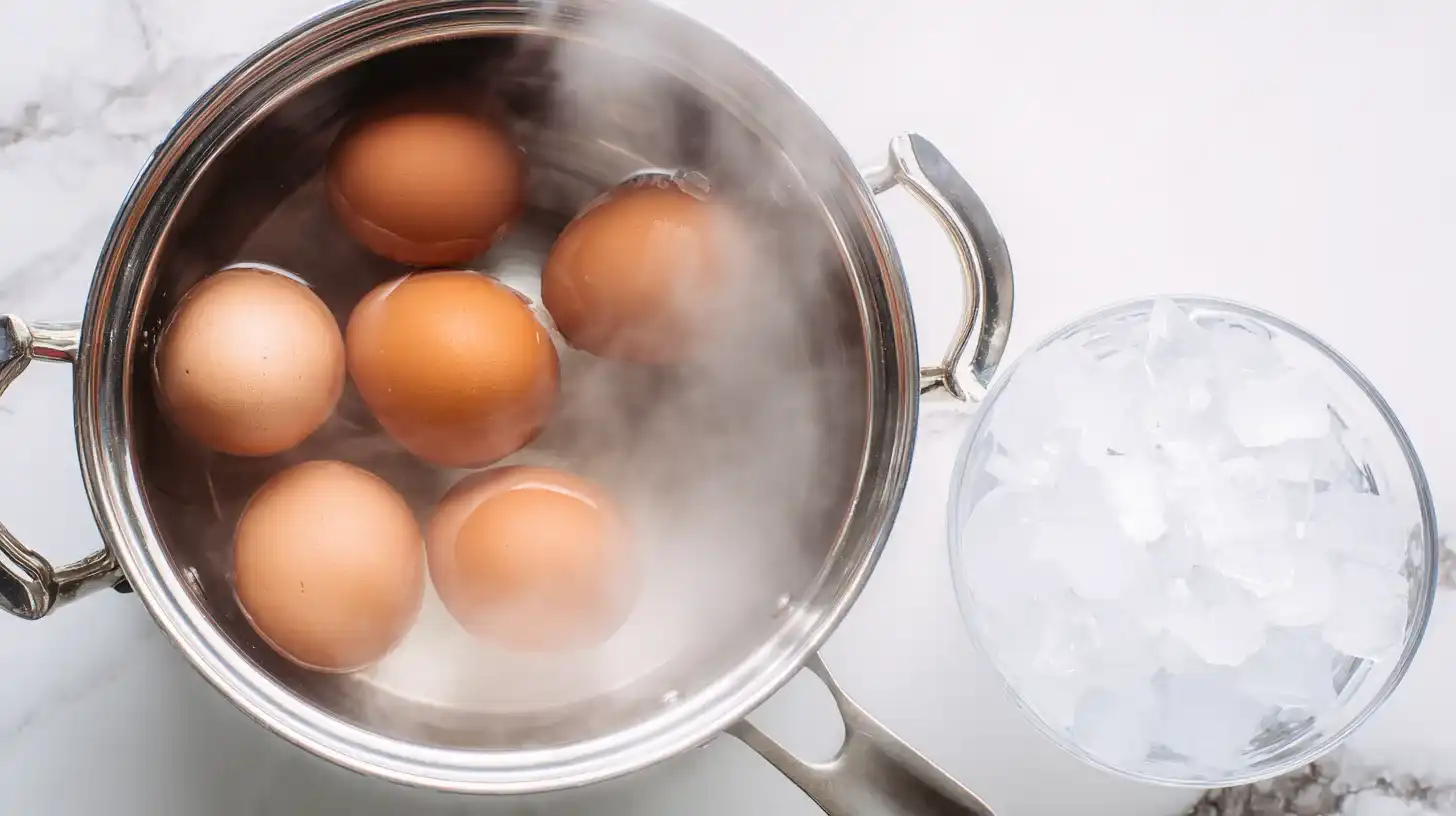 hard-boil-eggs-amish-potato-salad Eggs boiling in a pot with a bowl of ice water nearby