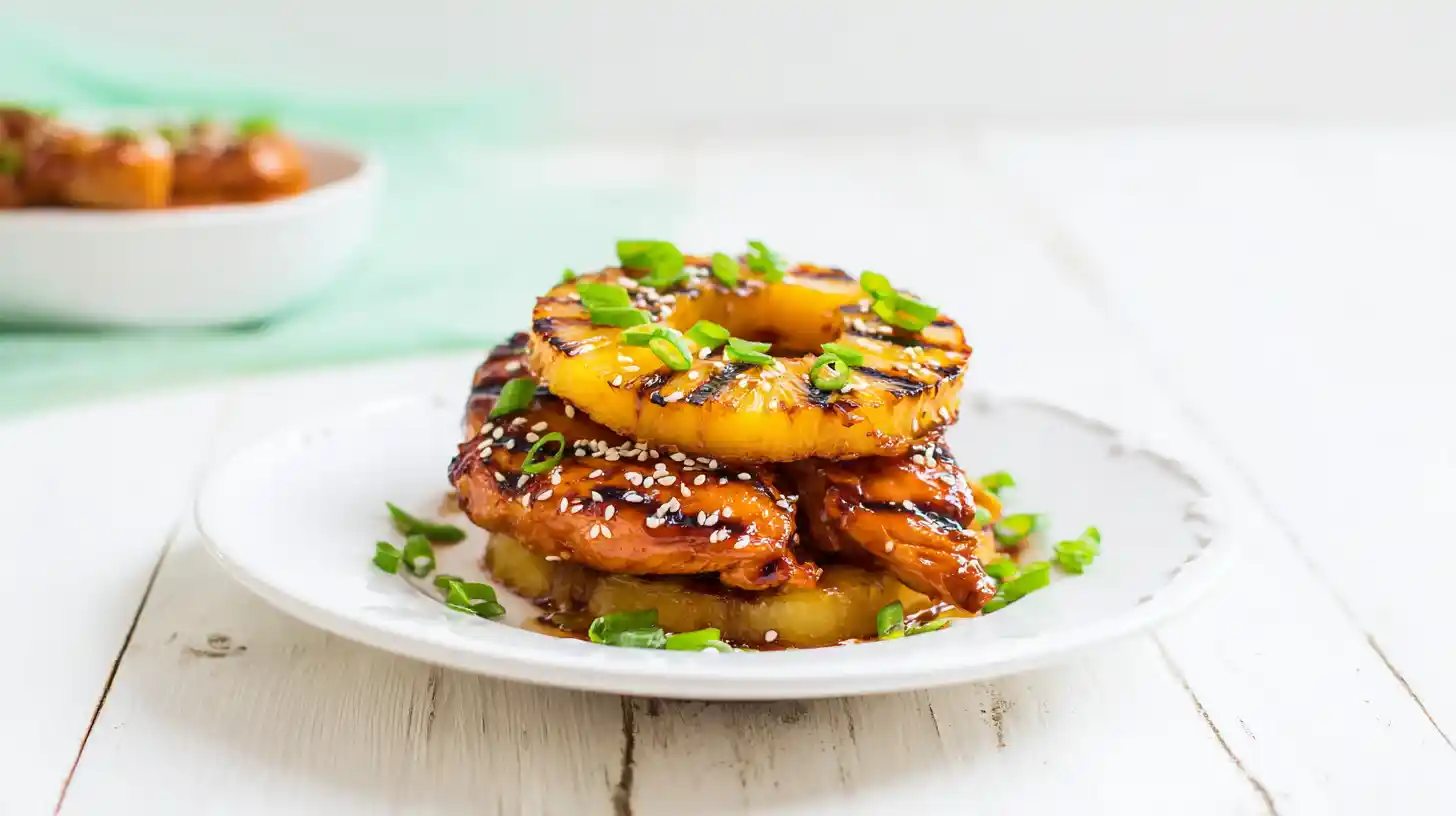 hawaiian-huli-huli-chicken-stack-serve-step Plated Hawaiian Huli Huli Chicken Stack – tropical chicken dinner idea with grilled pineapple and sesame seeds