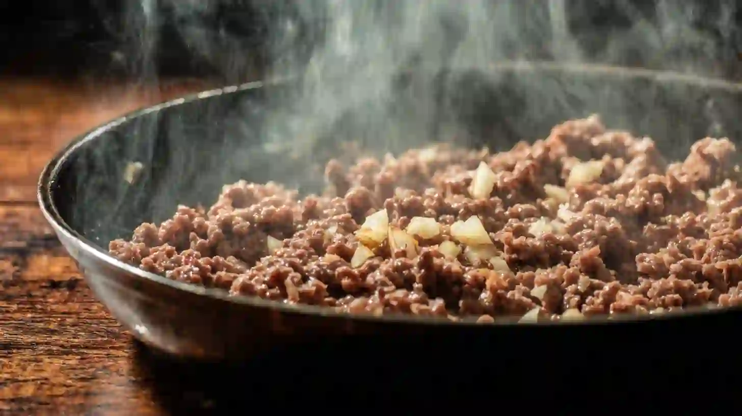 high-protein-ground-beef-browning-step1 High-protein ground beef meals sizzling in skillet with garlic – perfect for budget family meals and quick dinners