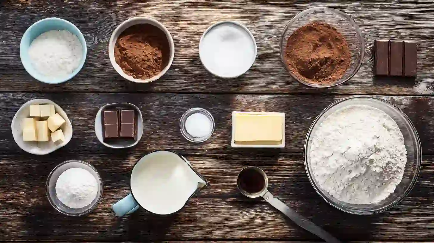 homemade-chocolate-graham-crackers-ingredients Ingredients Homemade Chocolate Graham Crackers Cocoa powder, flour, butter, and sugar on a rustic kitchen counter