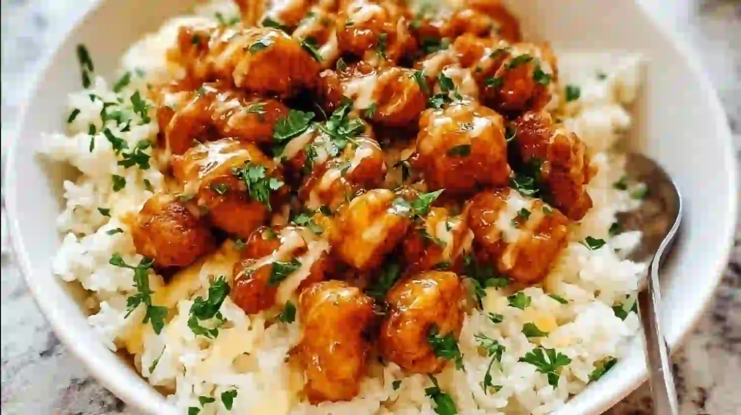 Honey Garlic Chicken Bites Over Creamy Rice – Easy, Creamy