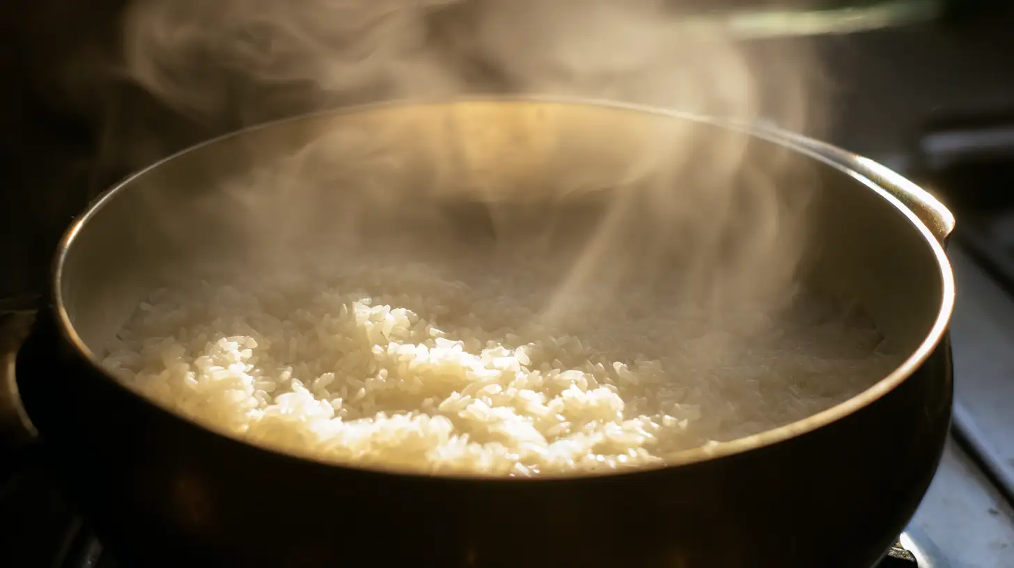 honey-garlic-chicken-bites-step1-rice Display of ingredients for Honey Garlic Chicken Bites Over Creamy Rice simmering in broth
