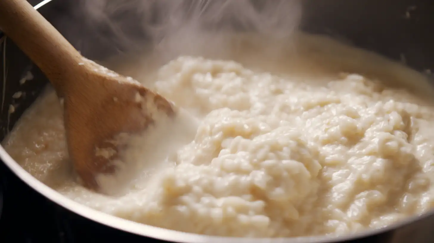 honey-garlic-chicken-bites-step2-creamy-rice Display of ingredients for Honey Garlic Chicken Bites Over Creamy Rice blending into a rich, creamy mixture