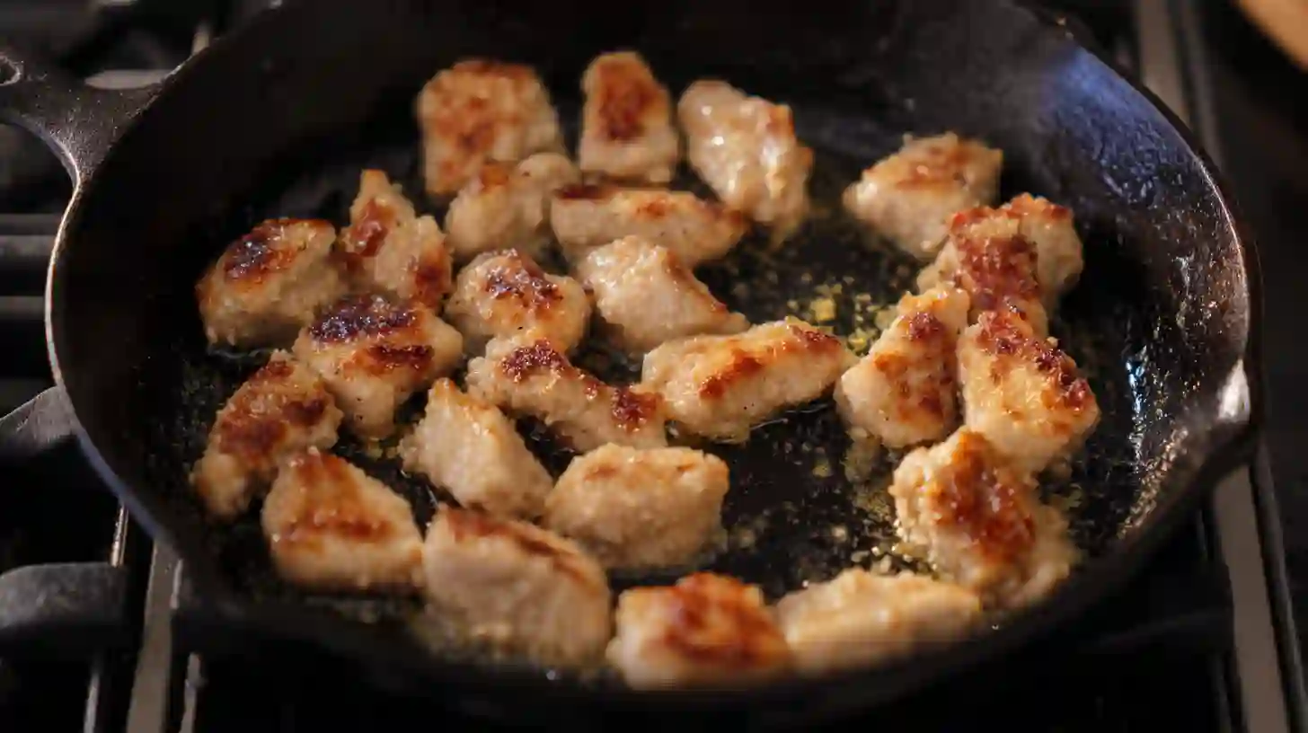 honey-garlic-chicken-bites-step3-searing Display of ingredients for Honey Garlic Chicken Bites Over Creamy Rice sizzling in skillet