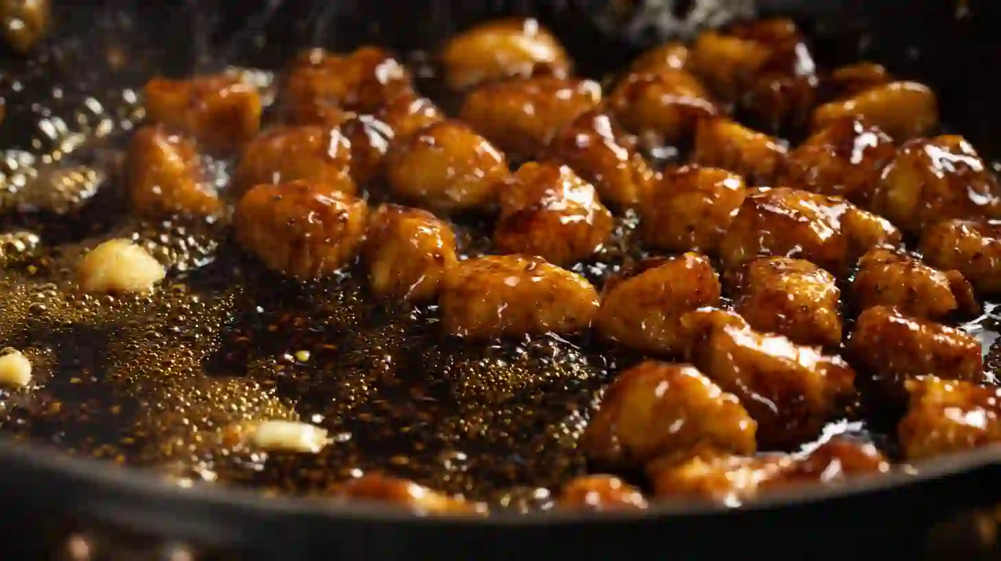 honey-garlic-chicken-bites-step4-glaze Display of ingredients for Honey Garlic Chicken Bites Over Creamy Rice simmering in sticky honey garlic glaze