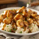 Display of ingredients for Honey Garlic Chicken Bites Over Creamy Rice plated and garnished with parsley
