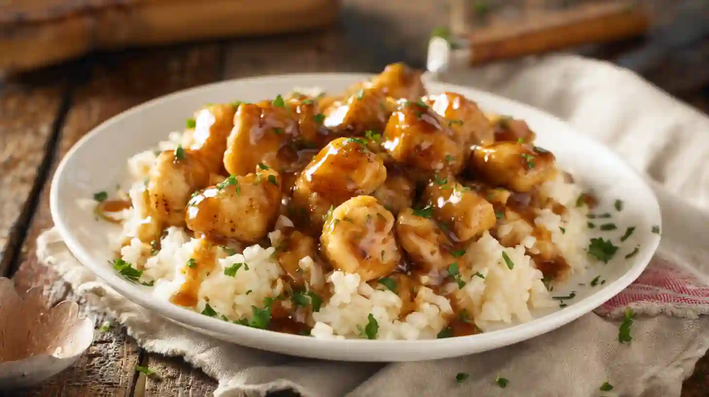 honey-garlic-chicken-bites-step5-serving Display of ingredients for Honey Garlic Chicken Bites Over Creamy Rice plated and garnished with parsley
