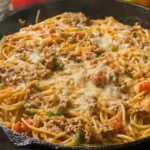 Skillet of How to Make Taco Spaghetti Easy with cheese