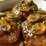 Juicy Bobby Flay Salisbury Steak in skillet with mushroom gravy