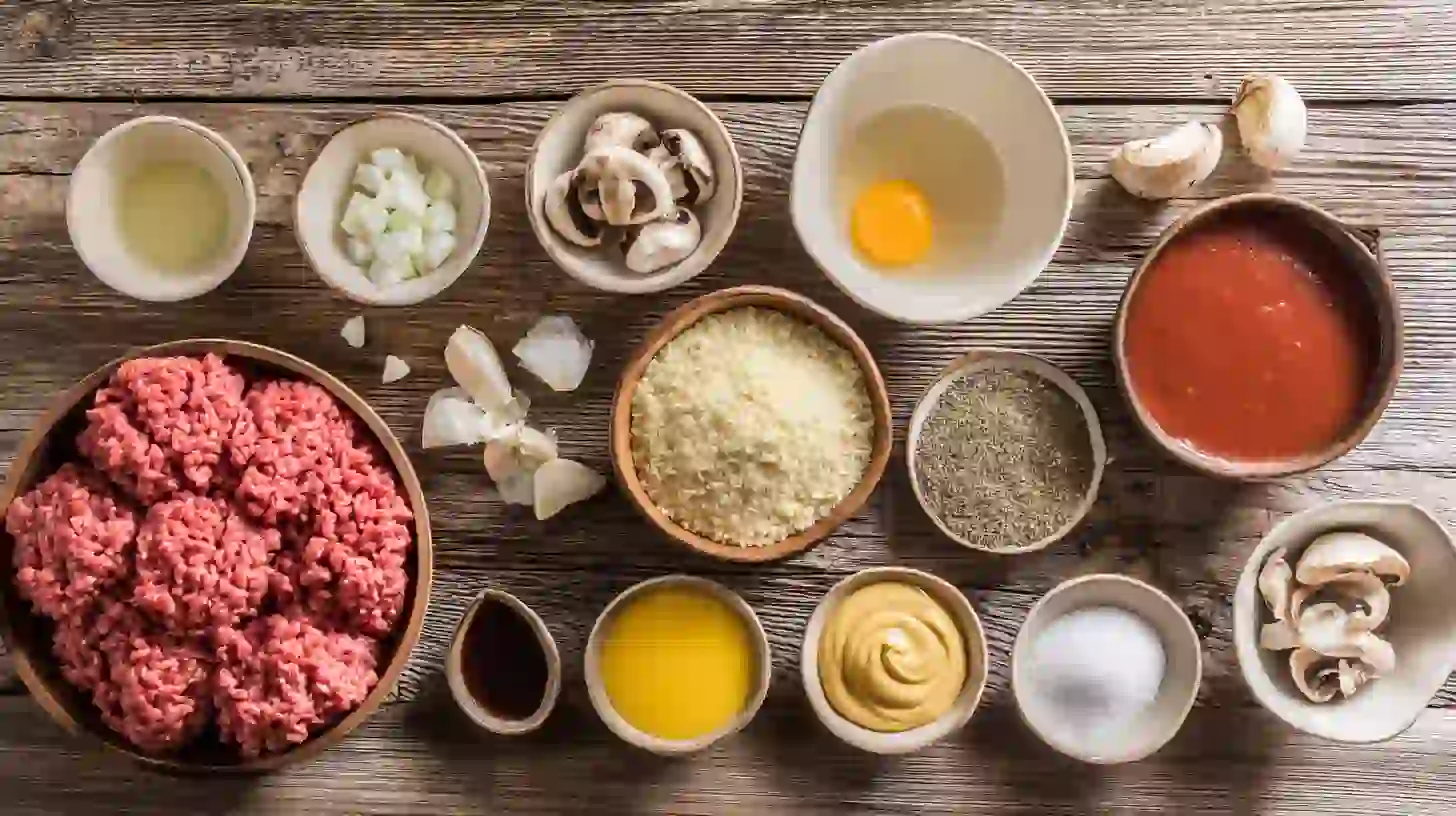 juicy-bobby-flay-salisbury-steak-ingredients Ingredients for Juicy Bobby Flay Salisbury Steak with mushroom gravy