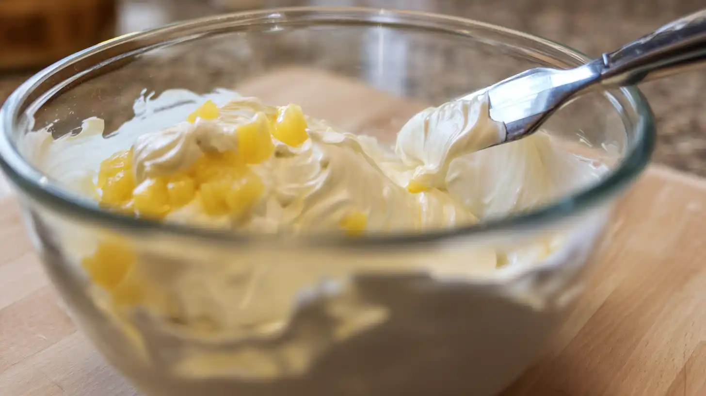 juicy-pineapple-cake-topping-mix-step Folding whipped topping, pudding mix, and pineapple for juicy pineapple heaven cake – quick no-bake dessert topping for moms