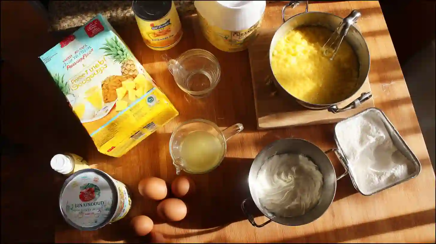 juicy-pineapple-heaven-cake-for-busy-moms-ingredients Ingredients for juicy pineapple heaven cake for busy moms including cake mix, pineapple, pudding, and whipped topping
