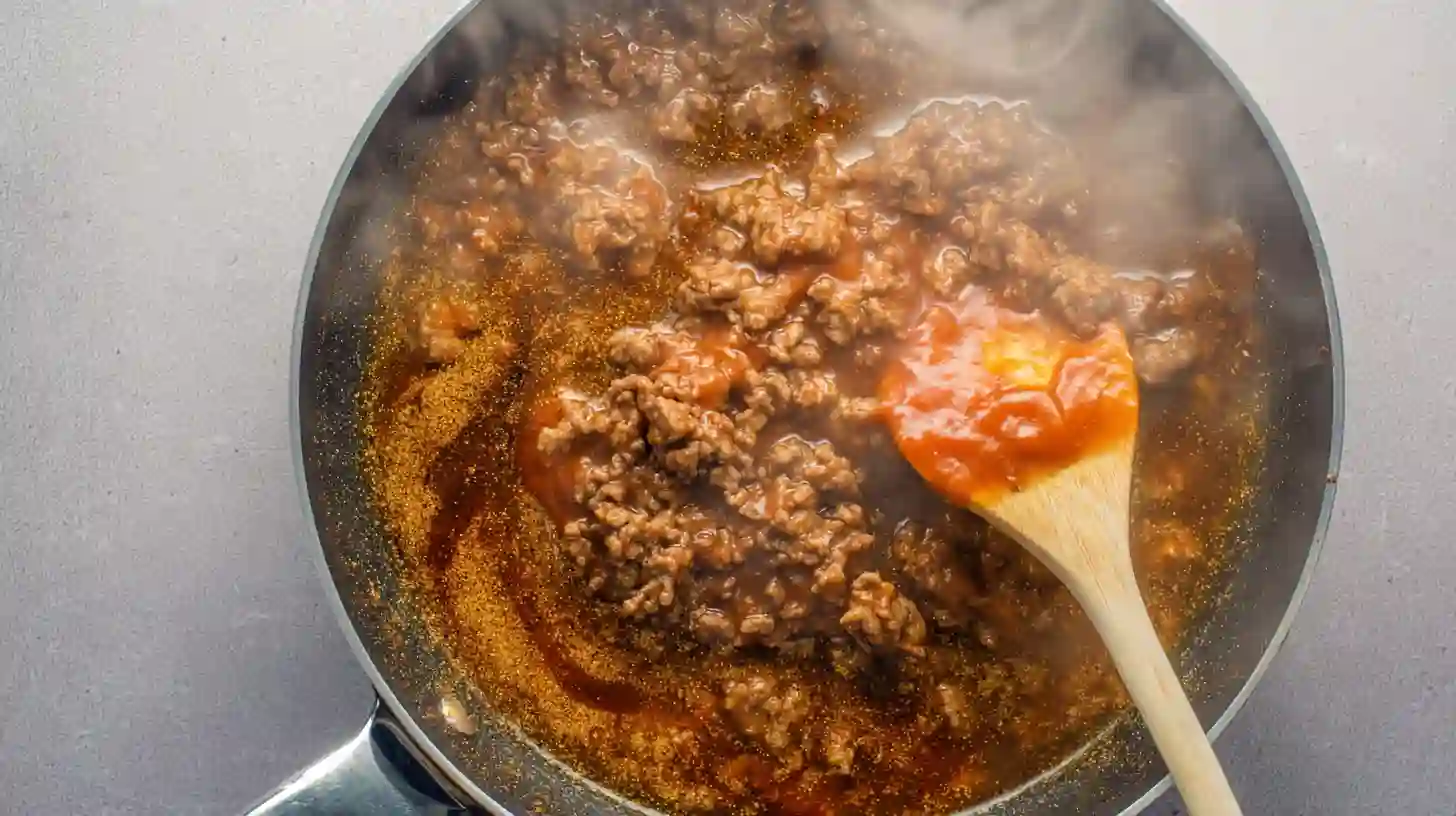 ketchup-worcestershire-beef-skillet-step3 Simmering beef with ketchup and Worcestershire sauce