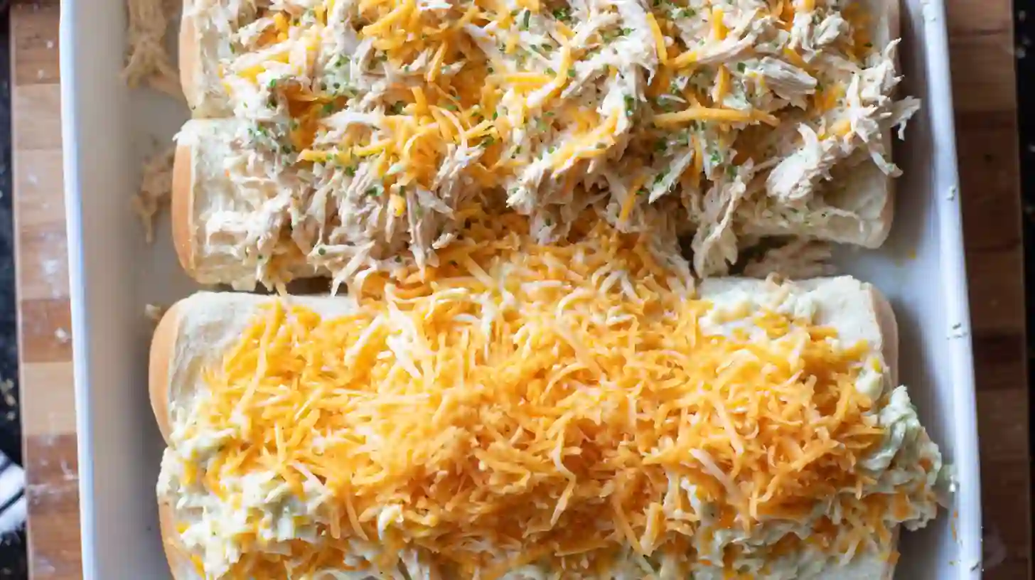 layer-cheddar-chicken-sliders Layering creamy chicken and shredded cheddar on Hawaiian rolls