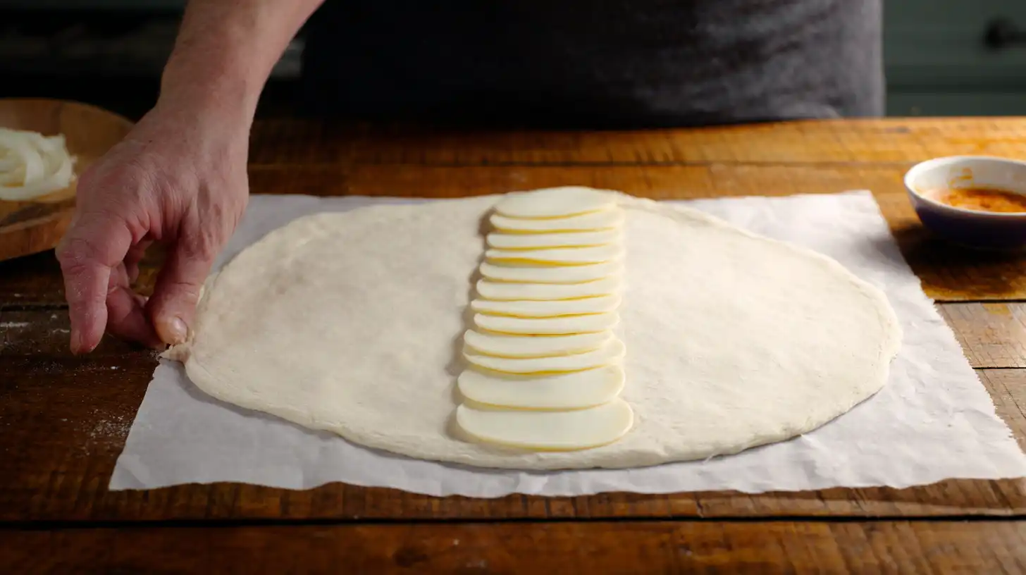 layer-provolone-cheese-bbq-chicken-stromboli-step-3 Laying provolone slices on dough for BBQ chicken cheese stromboli—perfect for best cheese for baking and easy weeknight meals.