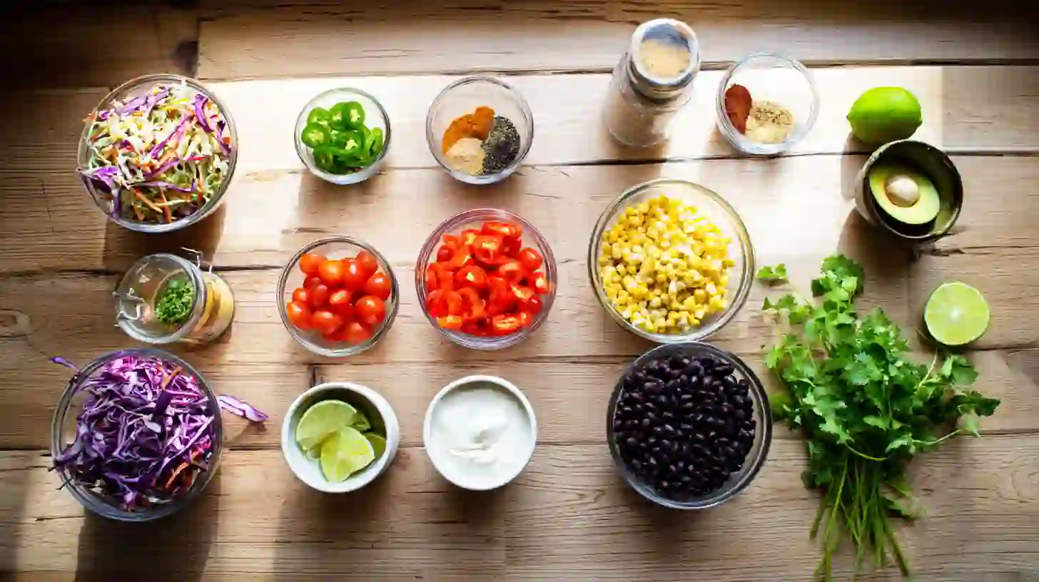 layered-mexican-coleslaw-Tomato-Corn-salad-ingredients Ingredients for Mexican coleslaw salad including cabbage, corn, tomatoes, black beans, and lime.vegetarian layered salad for potlucks