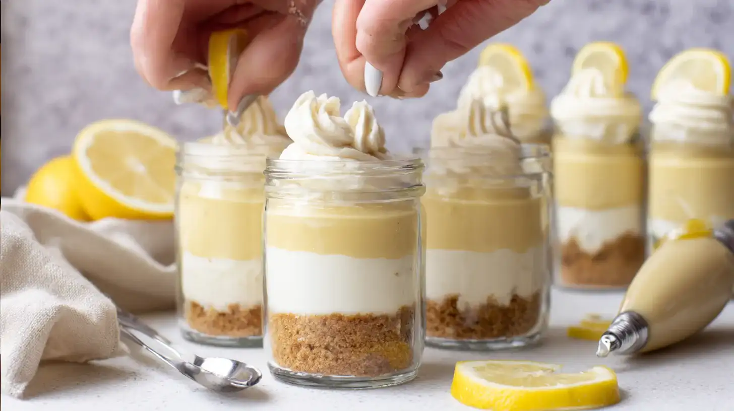 layering-lemon-cheesecake-parfaits Layering crust, cheesecake filling, and lemon pudding in dessert jars