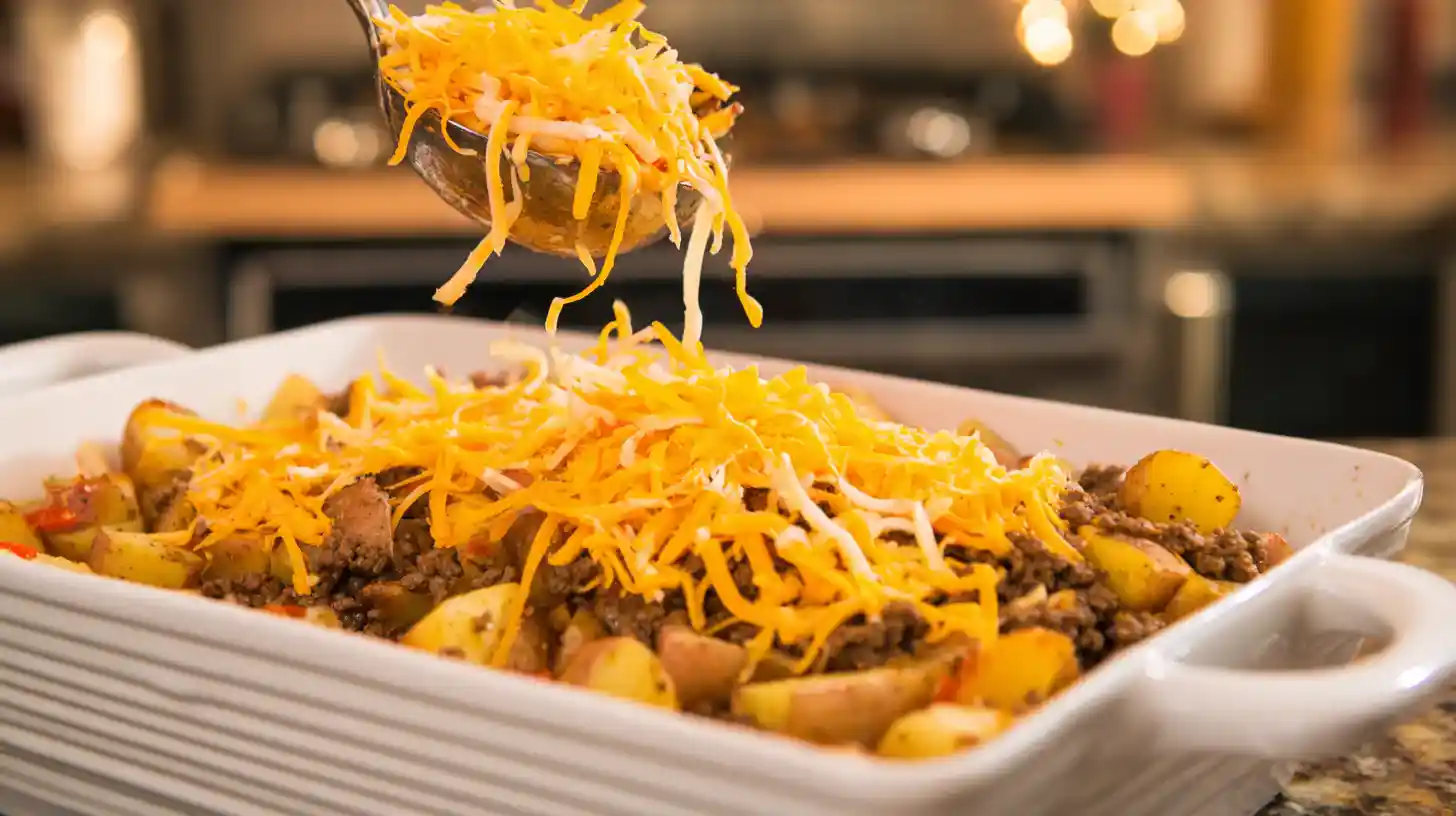 layering-taco-potatoes-beef-cheese Layering beef and cheese over roasted potatoes for Comforting Cheesy Taco Potatoes