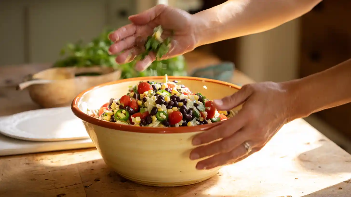 layering-vegetables-mexican-coleslaw-salad Layering tri-color coleslaw, corn, tomatoes, black beans, jalapeño, and cilantro for Mexican-inspired vegetarian salad