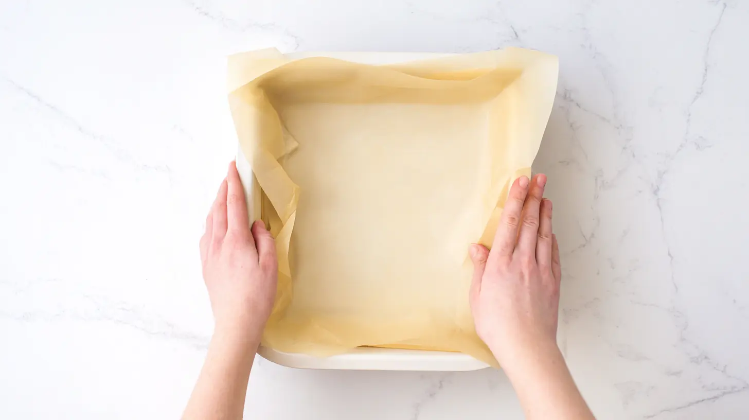 line-baking-dish-parchment-coconut-bars Lining an 8x8 baking dish with parchment paper for coconut bars