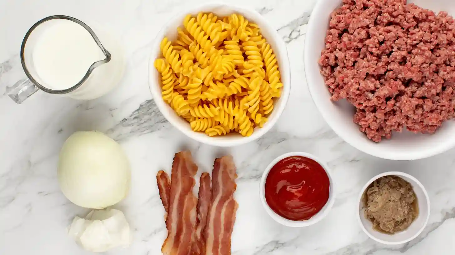 loaded-bacon-cheeseburger-pasta-Skillet-ingredients Ingredients for Loaded Bacon Cheeseburger Pasta Skillet