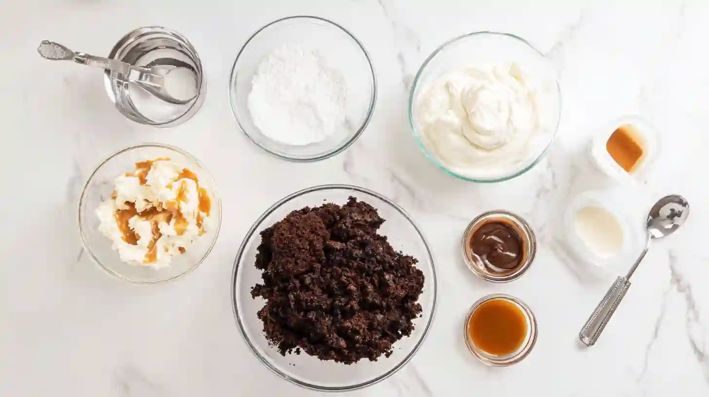 loaded-brownie-cheesecake-cups-ingredients Ingredients for Loaded Brownie Cheesecake Cups including brownies, cream cheese, caramel, and ganache