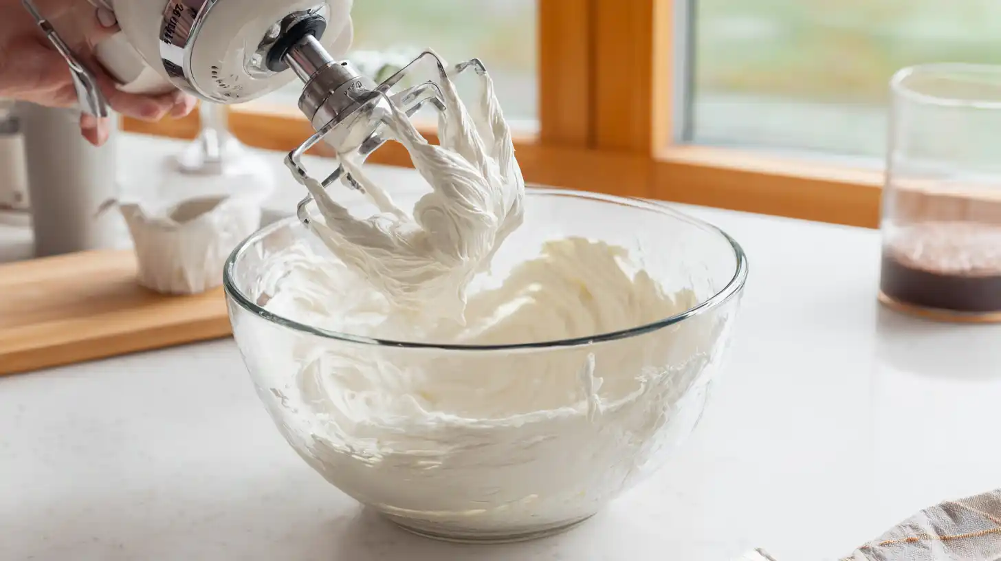 loaded-brownie-cheesecake-cups-step1-cream-cheese-base Whipping cream cheese, powdered sugar, and vanilla for Loaded Brownie Cheesecake Cups base – easy no bake dessert idea