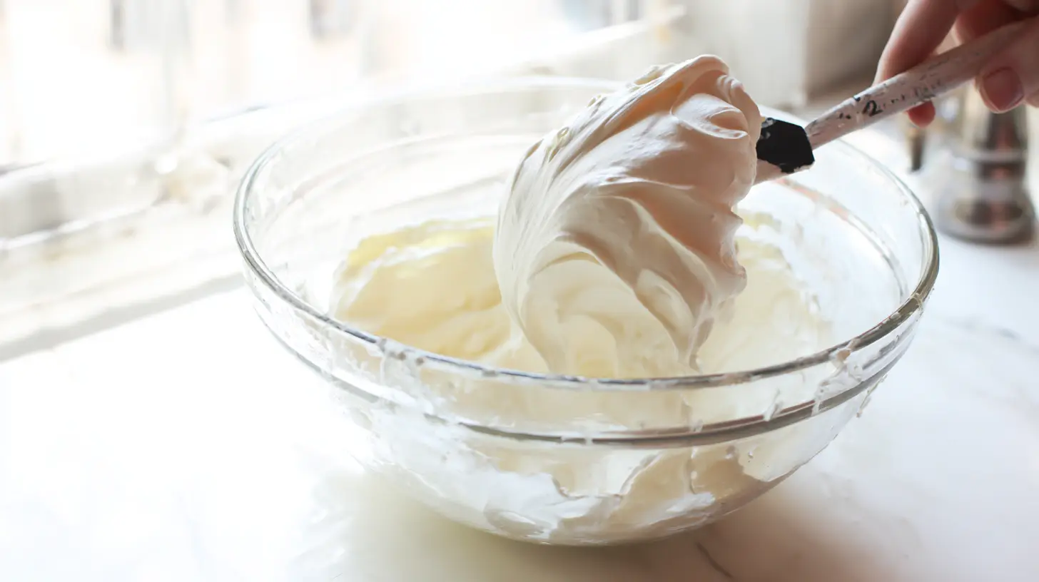 loaded-brownie-cheesecake-cups-step2-folding-whipped-cream Folding whipped cream into cream cheese base for Loaded Brownie Cheesecake Cups – no bake cheesecake cups recipe