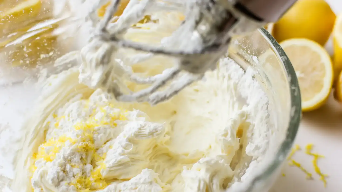 make-cream-cheese-frosting-lemon-cake Whipping cream cheese, butter, powdered sugar, and lemon for frosting