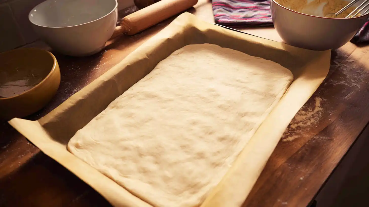 make-dough-homemade-school-pizza Pressing homemade school pizza dough into a sheet pan with fingertips