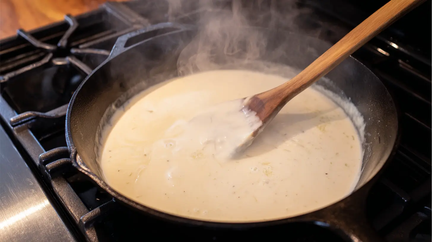 make-sauce-base-step3 Butter, cream, ranch, and honey simmering in skillet